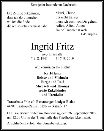 Traueranzeige von Ingrid Fritz von Stadtanz.Castrop-Rauxel
