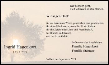 Traueranzeige von Ingrid Hagenkort von Stadtanzeiger Velbert + Heiligenhaus