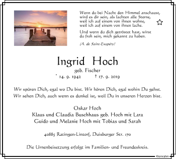 Traueranzeige von Ingrid Hoch von WVW Anzeigenblätter