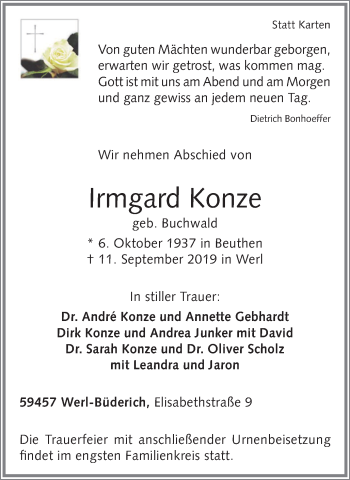 Traueranzeige von Irmgard Konze von Wochenblatt Herne/Wanne-Eickel