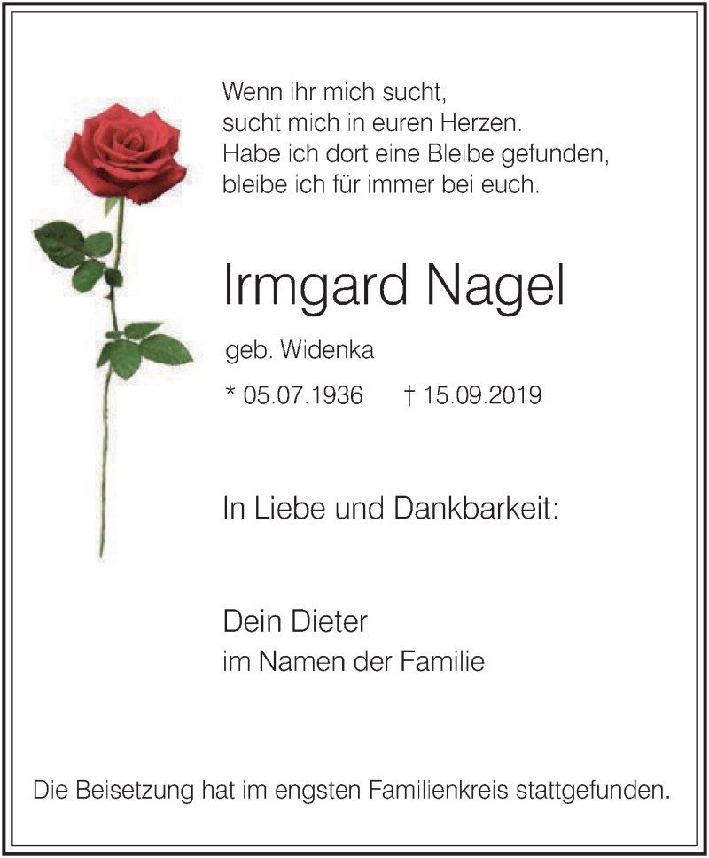  Traueranzeige für Irmgard Nagel vom 28.09.2019 aus Stadtspiegel Bottrop