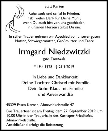 Traueranzeige von Irmgard Niedzwitzki von Nord Anzeiger Essen