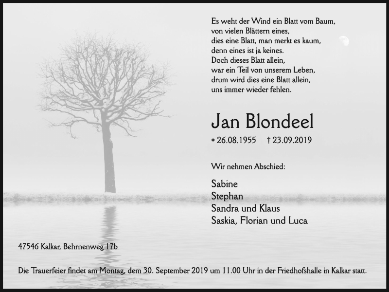  Traueranzeige für Jan Blondeel vom 28.09.2019 aus Klever Wochenblatt