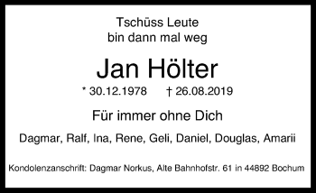 Traueranzeige von Jan Hölter von Stadtspiegel Bochum