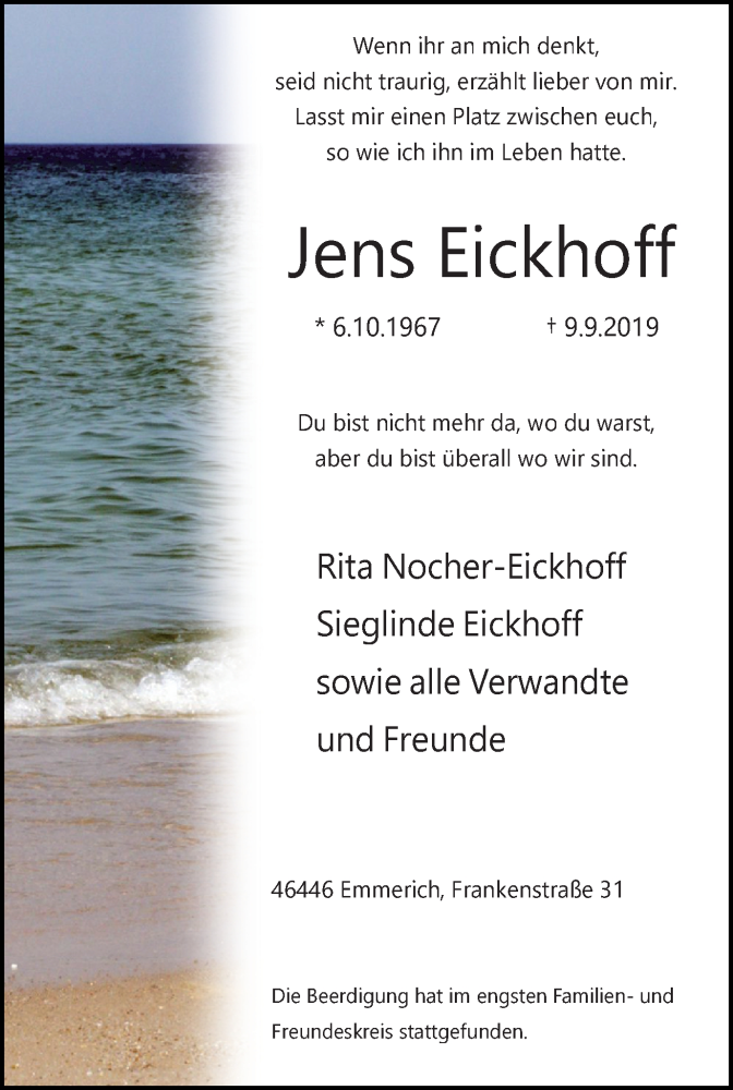  Traueranzeige für Jens Eickhoff vom 28.09.2019 aus Stadtanzeiger Emmerich/Rees/Isselburg