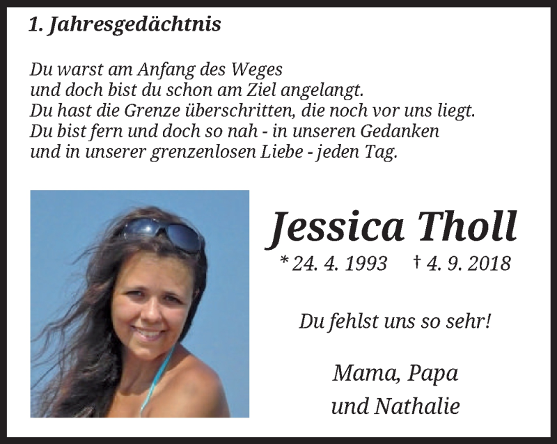  Traueranzeige für Jessica Tholl vom 07.09.2019 aus wap Schwelm/Gevelsberg/Ennepetal