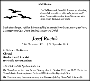 Traueranzeige von Josef Raciok von Lüner Anzeiger