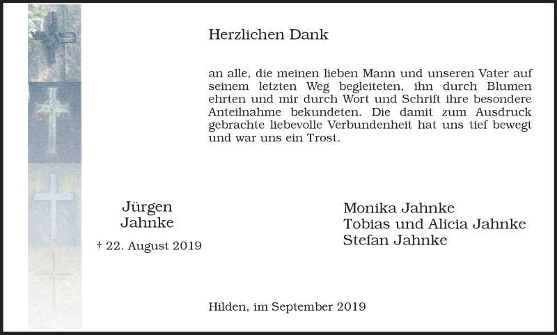  Traueranzeige für Jürgen Jahnke vom 28.09.2019 aus Wochen-Anzeiger Langenfeld/Monheim/Hilden