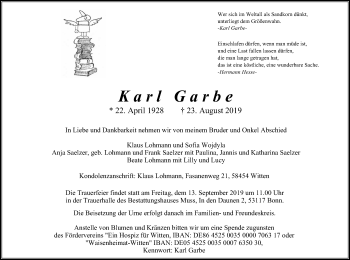 Traueranzeige von Karl Garbe von Witten aktuell