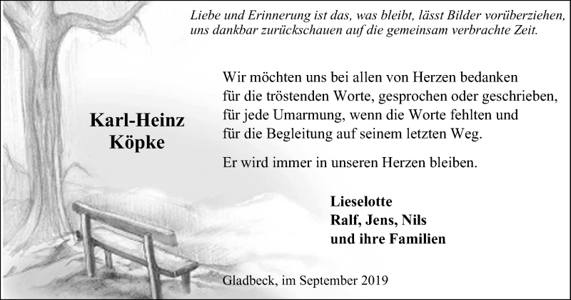  Traueranzeige für Karl-Heinz Köpke vom 14.09.2019 aus Stadtspiegel Gladbeck