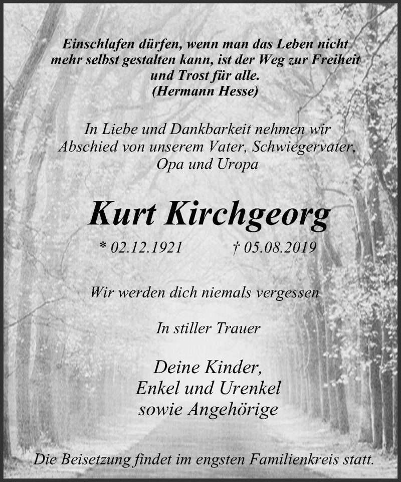  Traueranzeige für Kurt Kirchgeorg vom 18.09.2019 aus Stadtanzeiger Velbert + Heiligenhaus