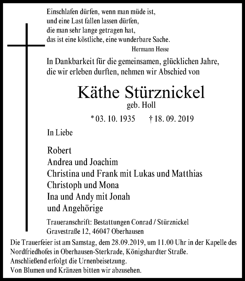  Traueranzeige für Käthe Stürznickel vom 25.09.2019 aus Wochen-Anzeiger Oberhausen