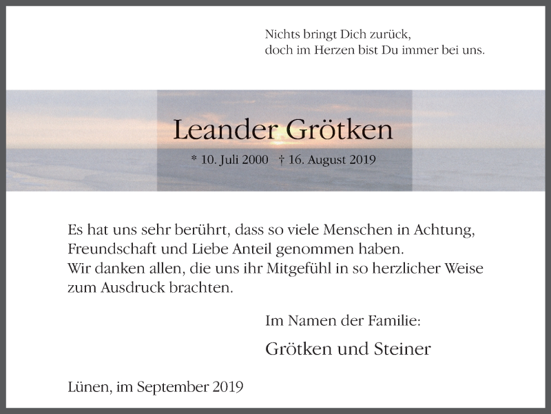  Traueranzeige für Leander Grötken vom 28.09.2019 aus Lüner Anzeiger
