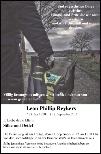 Traueranzeige von Leon Phillip Reykers von Der Weseler + Der Xantener