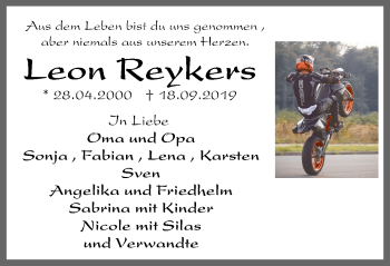 Traueranzeige von Leon Phillip Reykers von Der Weseler + Der Xantener