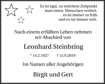 Traueranzeige von Leonhard Steinbring von Lüner Anzeiger