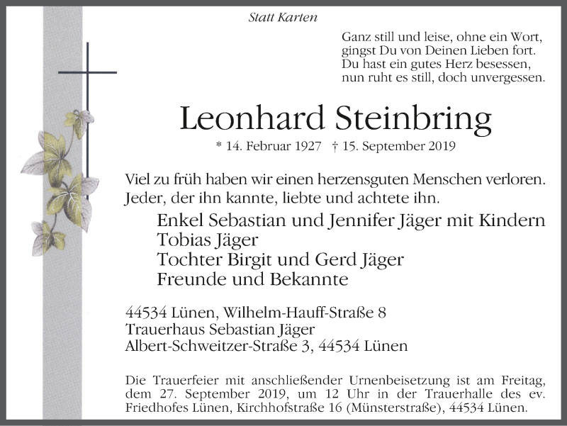  Traueranzeige für Leonhard Steinbring vom 25.09.2019 aus Lüner Anzeiger