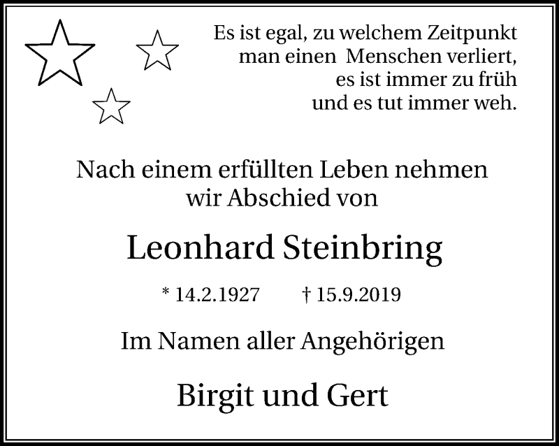  Traueranzeige für Leonhard Steinbring vom 28.09.2019 aus Lüner Anzeiger