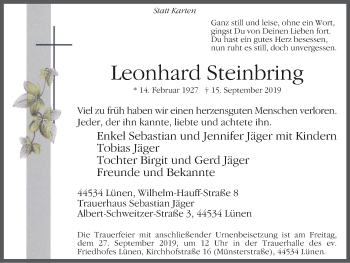 Traueranzeige von Leonhard Steinbring von Lüner Anzeiger