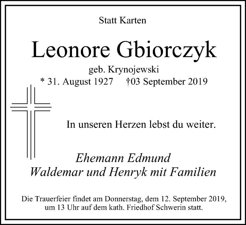  Traueranzeige für Leonore Gbiorczyk vom 07.09.2019 aus Stadtanz.Castrop-Rauxel