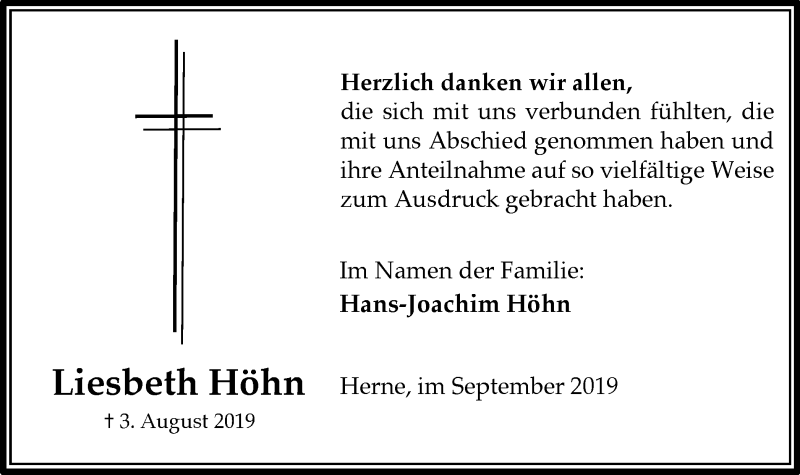 Traueranzeige für Liesbeth Höhn vom 07.09.2019 aus Wochenblatt Herne/Wanne-Eickel