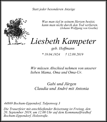 Traueranzeige von Liesbeth Kampeter von Stadtspiegel Wattenscheid