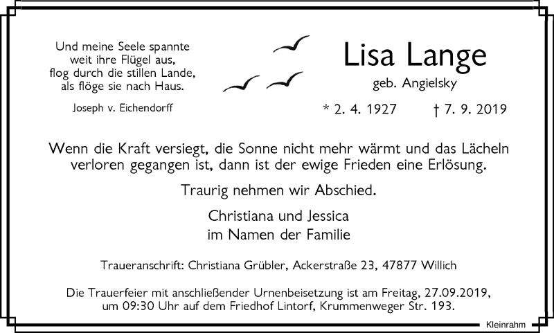  Traueranzeige für Lisa Lange vom 19.09.2019 aus WVW Anzeigenblätter