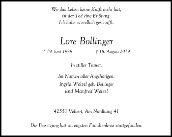 Traueranzeige von Lore Bollinger von WVW Anzeigenblätter