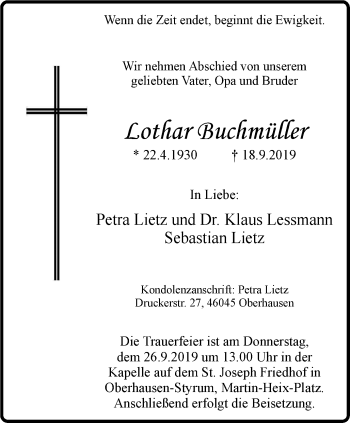 Traueranzeige von Lothar Buchmüller von Wochen-Anzeiger Oberhausen