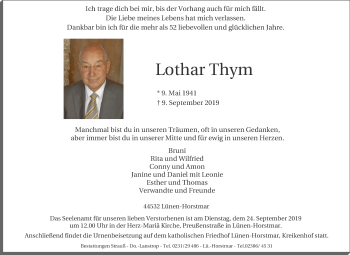 Traueranzeige von Lothar Thym von WVW Anzeigenblätter