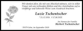 Traueranzeige von Luzie Tschentscher von Lüner Anzeiger