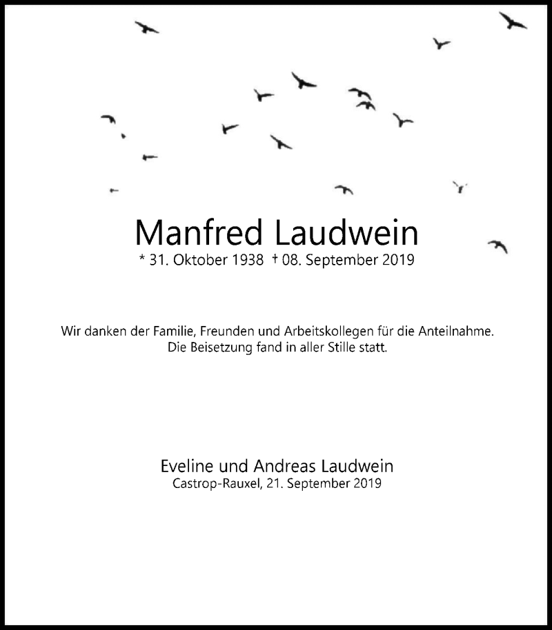  Traueranzeige für Manfred Laudwein vom 21.09.2019 aus WVW Anzeigenblätter