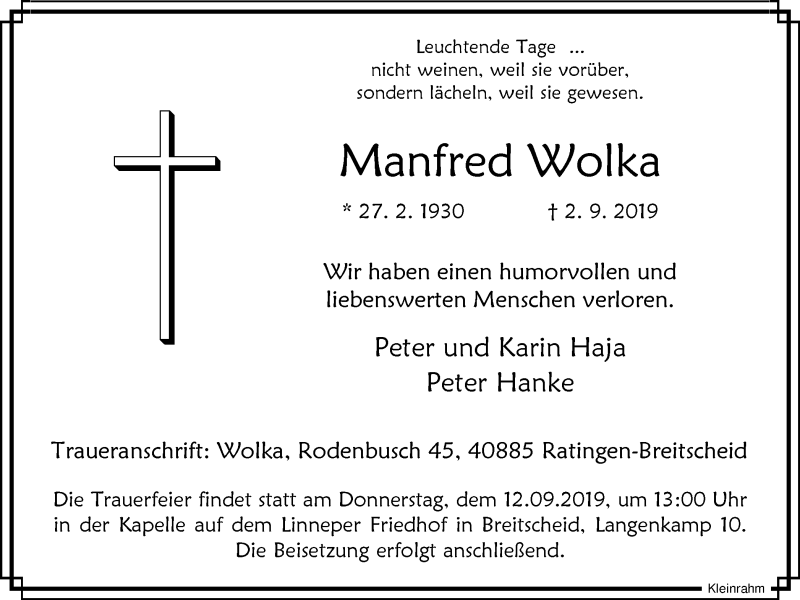  Traueranzeige für Manfred Wolka vom 05.09.2019 aus WVW Anzeigenblätter