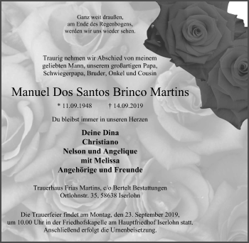 Traueranzeige von Manuel Dos Santos Brinco Martins von Stadtspiegel Iserlohn + Hemer