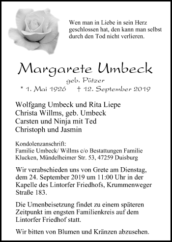 Traueranzeige von Margarete Umbeck von WVW Anzeigenblätter