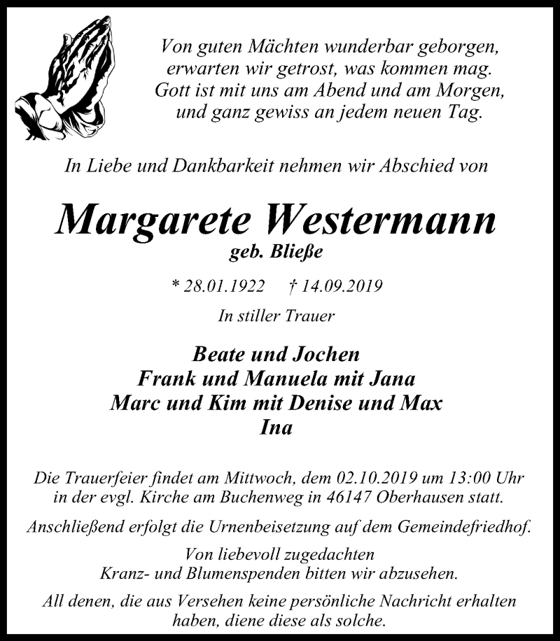  Traueranzeige für Margarete Westermann vom 28.09.2019 aus Wochen-Anzeiger Oberhausen