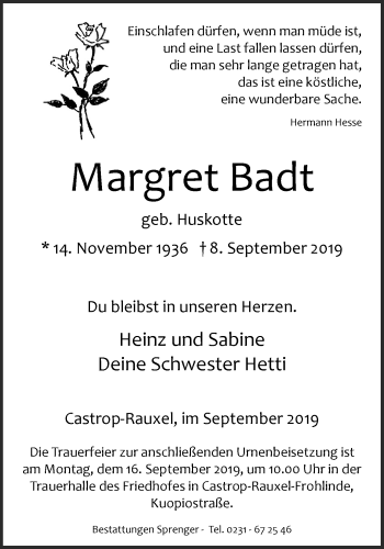 Traueranzeige von Margret Badt von Stadtanz.Castrop-Rauxel