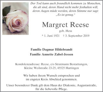 Traueranzeige von Margret Reese von Stadtspiegel Hattingen/Niedersprockhövel