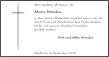 Traueranzeige von Maria Würden von WVW Anzeigenblätter