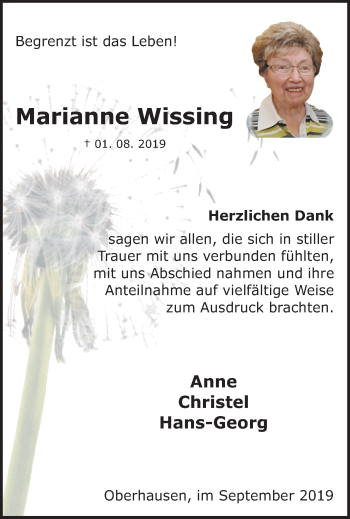 Traueranzeige von Marianne Wissing von Wochen-Anzeiger Oberhausen