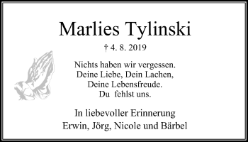 Traueranzeige von Marlies Tylinski von WVW Anzeigenblätter