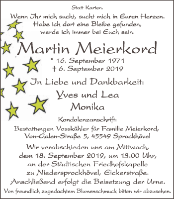 Traueranzeige von Martina Meierkord von Stadtspiegel Hattingen/Niedersprockhövel