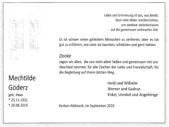 Traueranzeige von Mechtilde Göderz von Wochen-Magazin Moers + Kamp-L. + Neuk-Vluyn