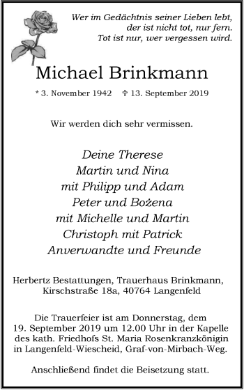 Traueranzeige von Michael Brinkmann von Wochen-Anzeiger Langenfeld/Monheim/Hilden