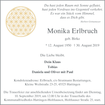 Traueranzeige von Monika Erlbruch von Stadtspiegel Hattingen/Niedersprockhövel