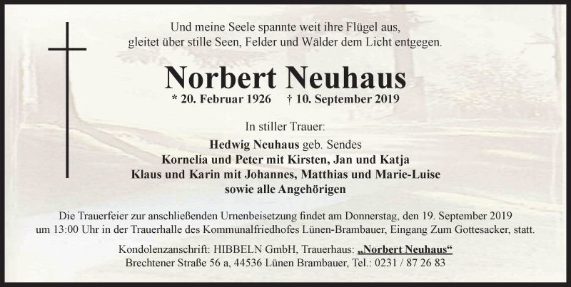  Traueranzeige für Norbert Neuhaus vom 14.09.2019 aus Lüner Anzeiger