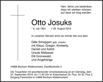 Traueranzeige von Otto Josuks von Stadtspiegel Wattenscheid