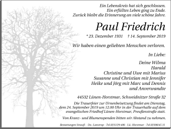 Traueranzeige von Paul Friedrich von WVW Anzeigenblätter