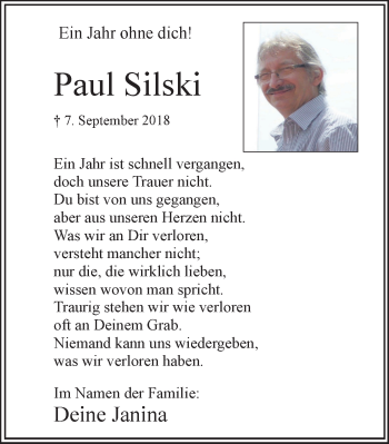 Traueranzeige von Paul Silski von Stadtspiegel Kamen + Unna