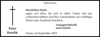 Traueranzeige von Peter Retzlik von WVW Anzeigenblätter